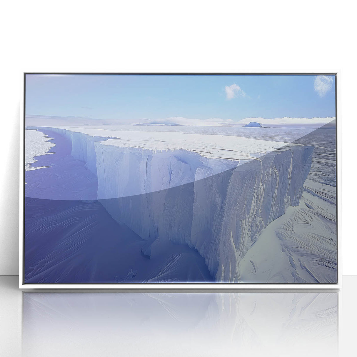 Framed acrylic print of an Antarctic landscape in muted blue and white tones, ideal for modern nursery wall decor.