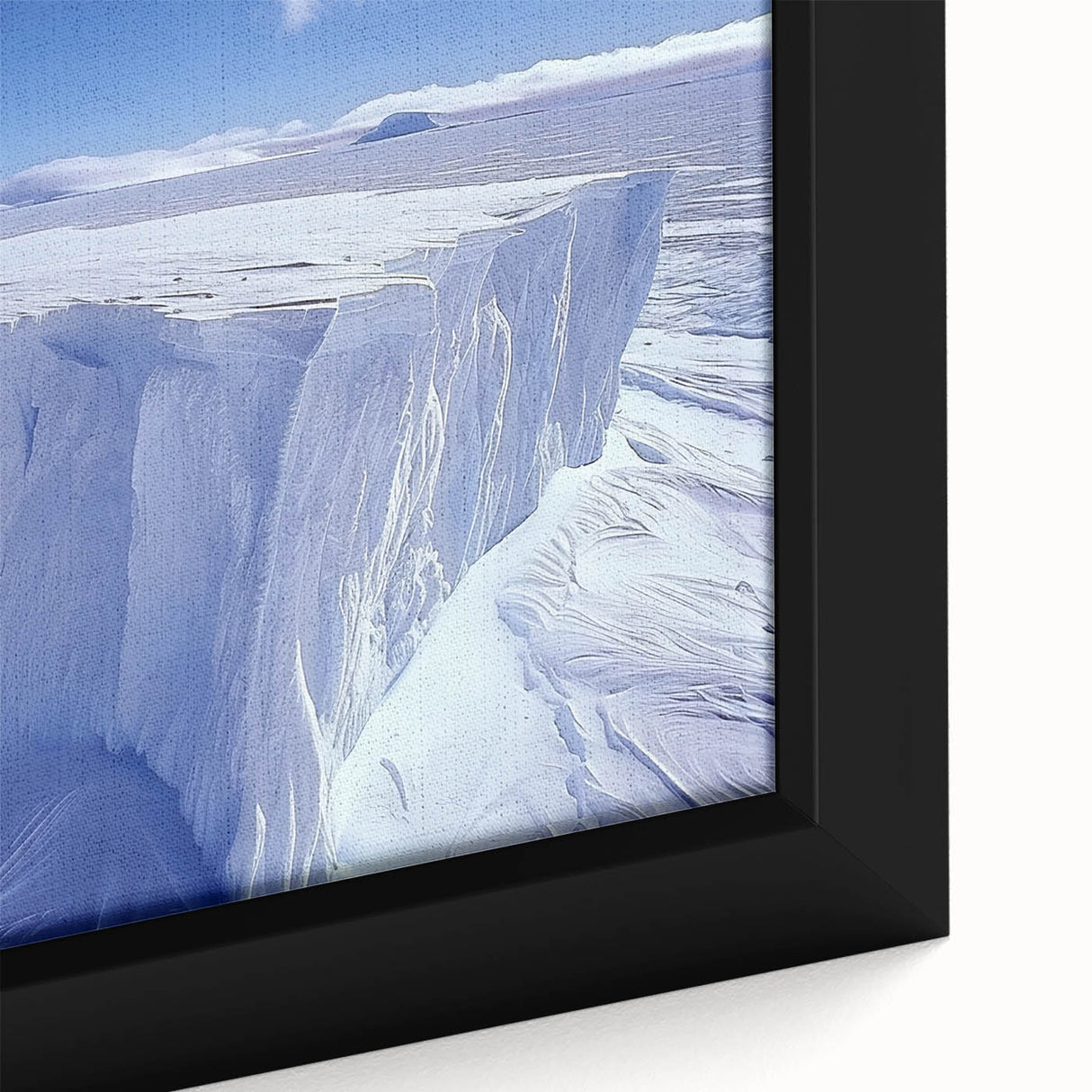 Close-up of a textured black wall art depicting Antarctic scenery on a framed canvas, ideal for living room decor.