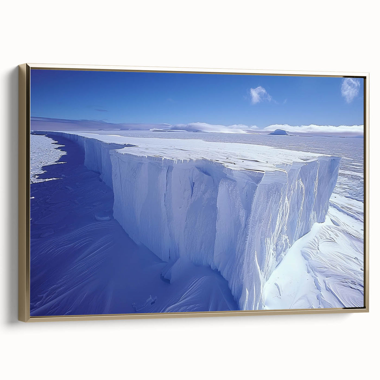 Framed canvas wall art depicting a vintage Antarctic landscape in muted gray and black tones, ideal for bedroom decor.