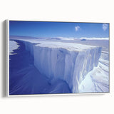 Vintage poster art of an Antarctic scenery on a framed canvas, featuring a palette of white and blue.
