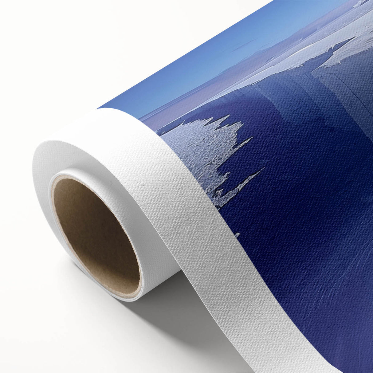 Art Deco poster of an Antarctic landscape on rolled canvas, featuring cool blue and white tones.