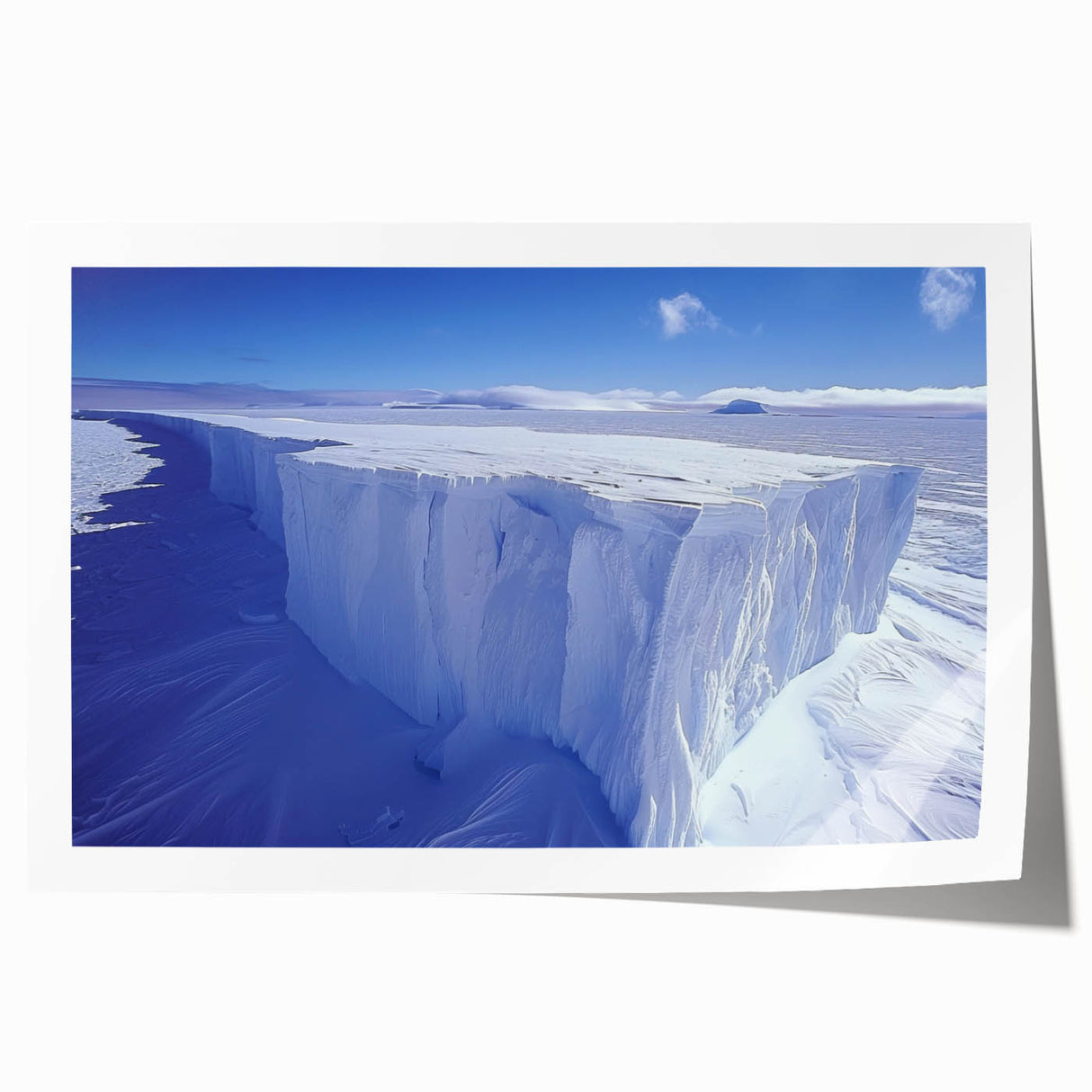 Antarctic landscape with icy mountains and clear skies on a large rolled canvas, suitable for dining room wall art.