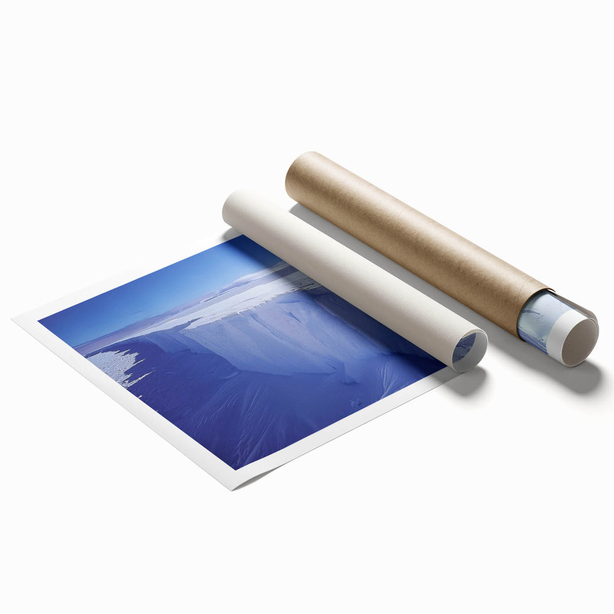 Antarctic landscape with muted blue and white tones on a large rolled canvas print, suitable for bathroom decor.