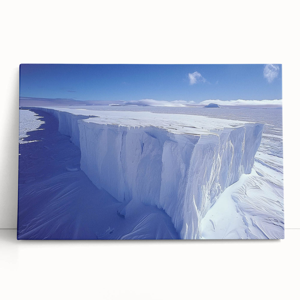 Black and white photo of Antarctic scenery on stretched canvas, ideal for kitchen wall art or bedroom ambiance.