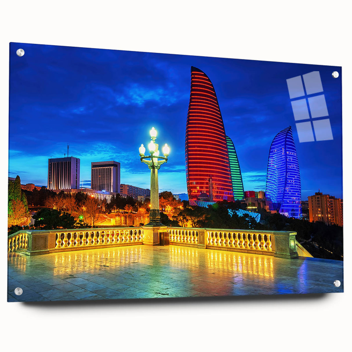 Large abstract wall art featuring vibrant azure and gold tones on acrylic glass, ideal for bedroom or dining room decor.