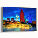 Landscape art painting of a serene Azerbaijani scenery in colorful art tones on a framed canvas, ideal for living room decor.