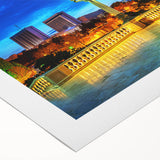 Art deco poster featuring a stylized skyline of Baku, Azerbaijan in muted gold and navy tones on rolled canvas.