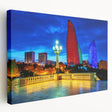 Large stretched canvas featuring a serene Azerbaijan landscape in muted green and blue tones, suitable for kitchen wall art.