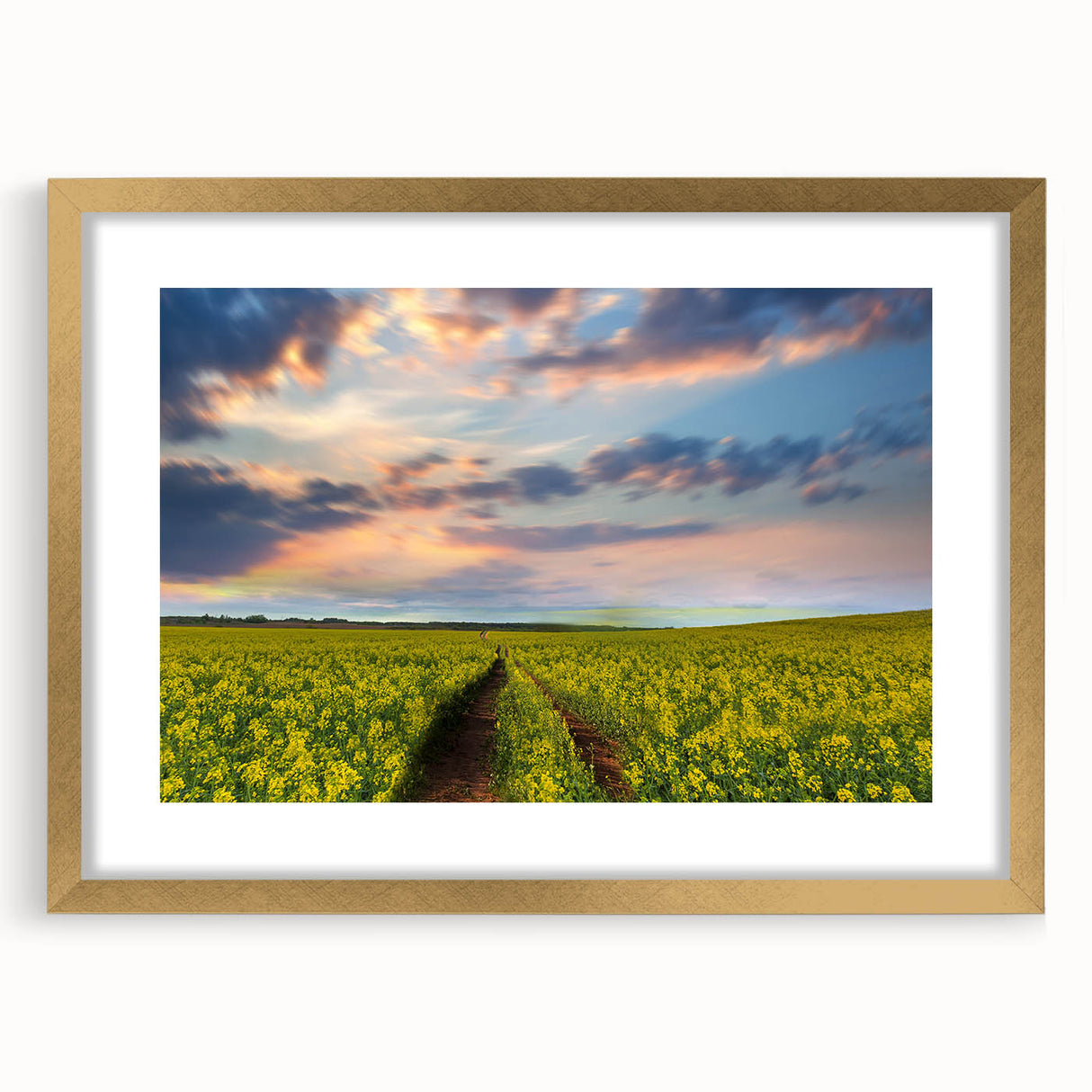 Extra large abstract art print of a textured Bangladesh scenery in gold frame, suited for living room decor.