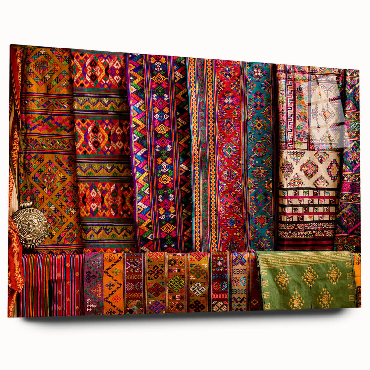 Large abstract wall art of Bhutan scenery in muted earth tones on acrylic glass, ideal for bedroom or dining room decor.