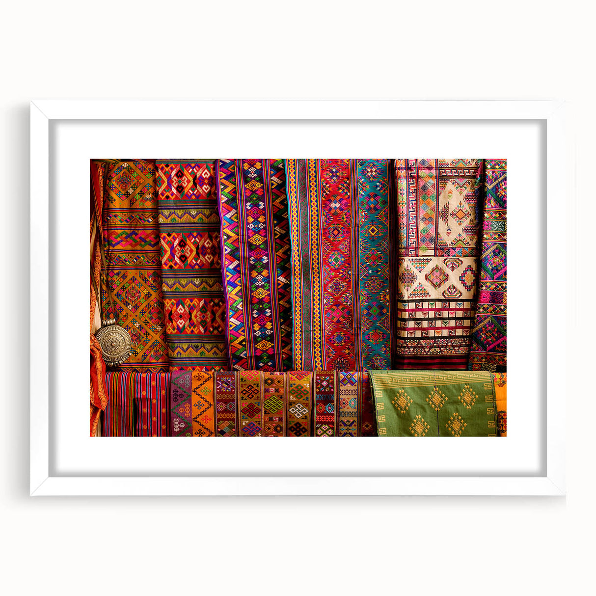 Abstract art print featuring a serene Bhutanese landscape in muted earth tones, framed with a white mat.