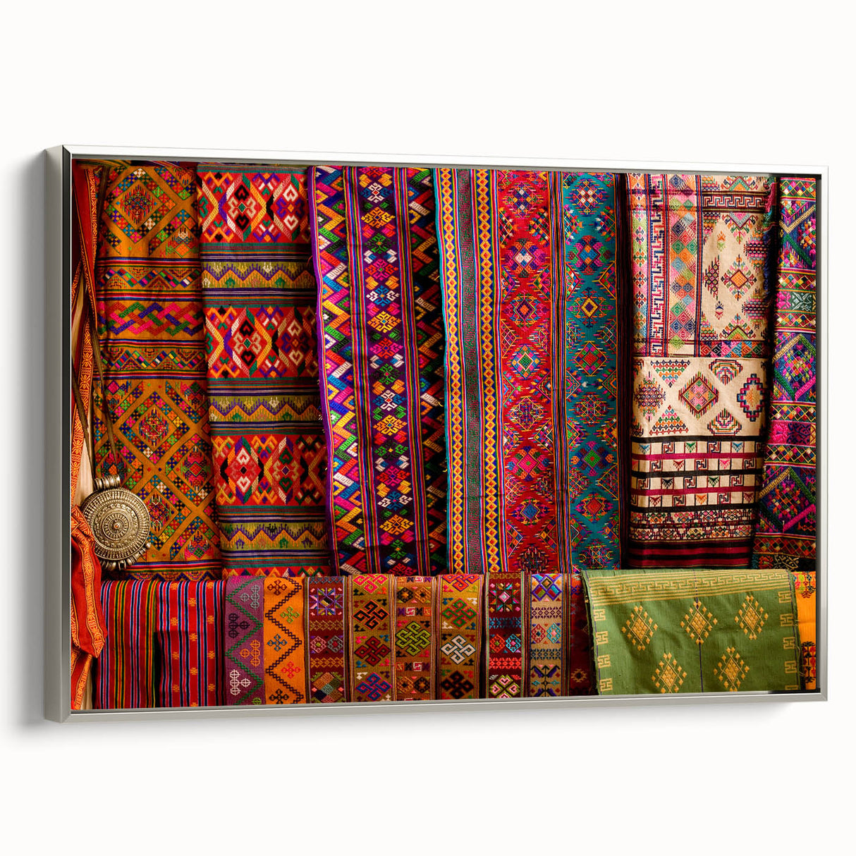 Landscape art painting of Bhutan scenery on framed canvas, featuring colorful art in vintage poster style.