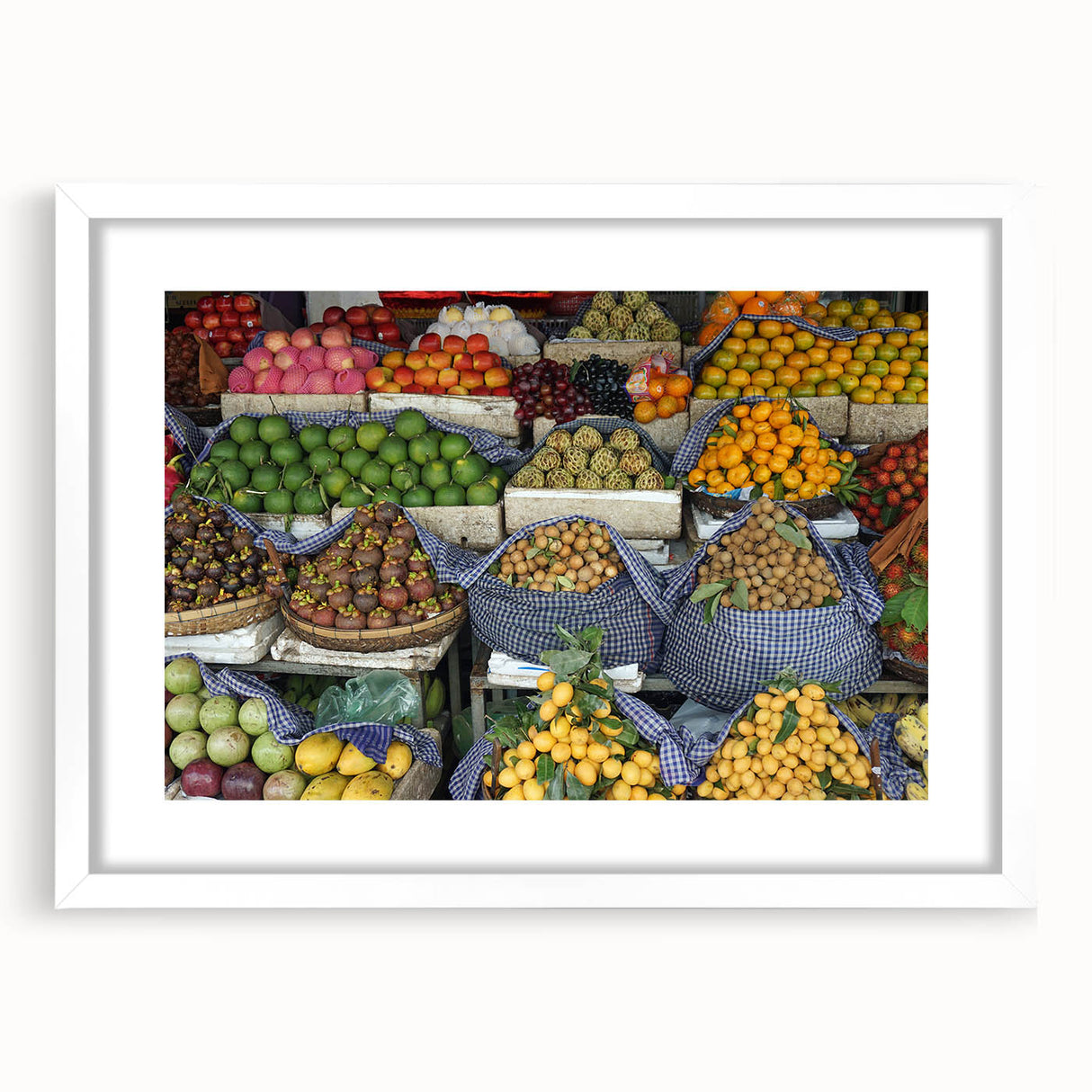 Abstract art print of a Cambodian landscape in muted earth tones on a framed white mat, ideal for dining room decor.
