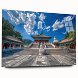 Large abstract wall art depicting the Beijing skyline in muted gray and blue tones on acrylic glass.