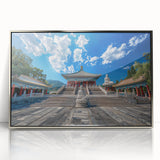 Mid-century modernist art depicting the Beijing skyline in muted silver tones on a framed acrylic print.