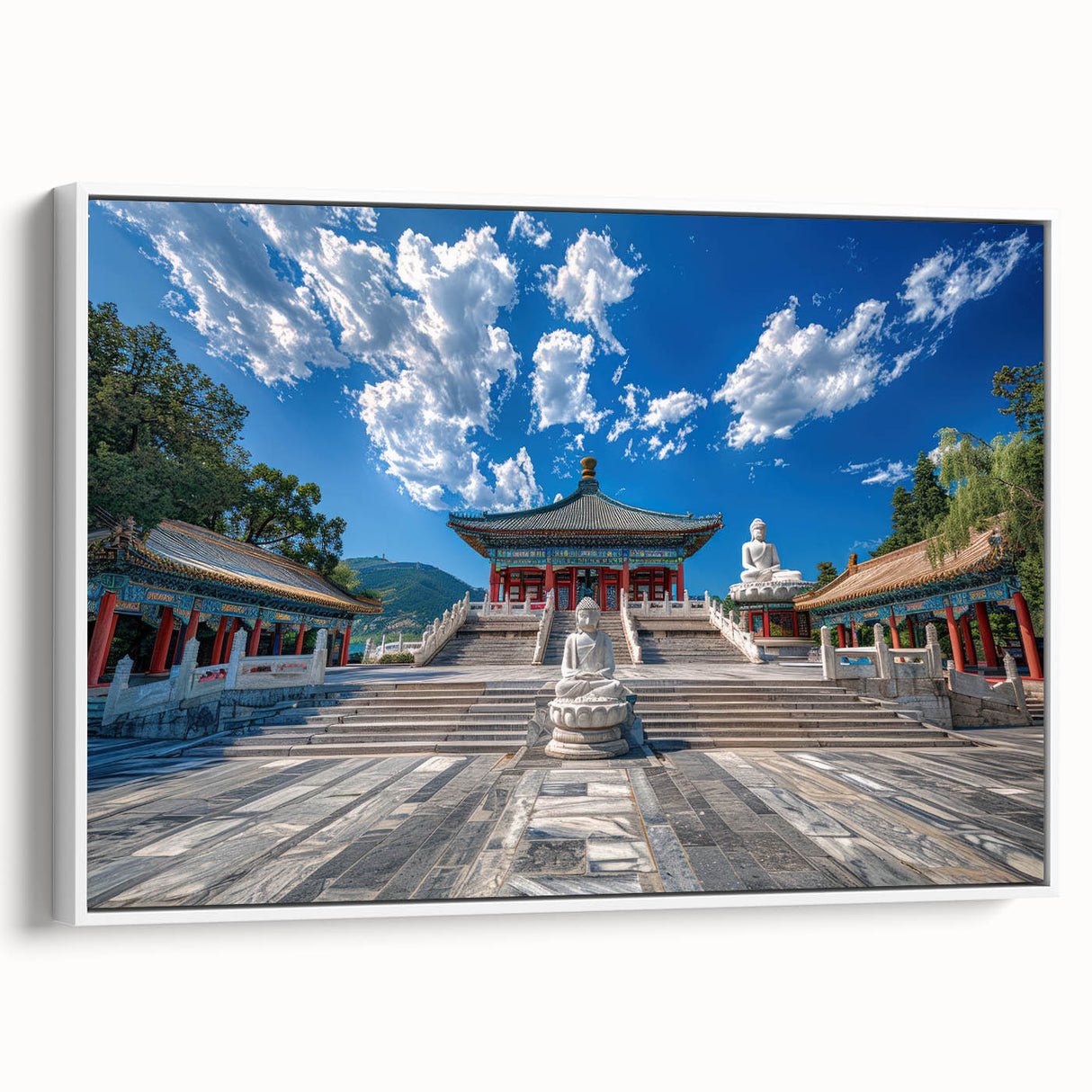 Vintage poster art of Beijing skyline in vibrant colors on a large framed canvas, ideal for living room decor.