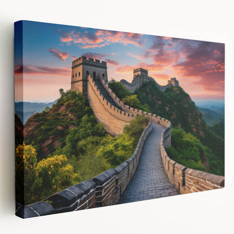 Side-view image of the Great Wall of China on a large stretched canvas, featuring muted earth tones.