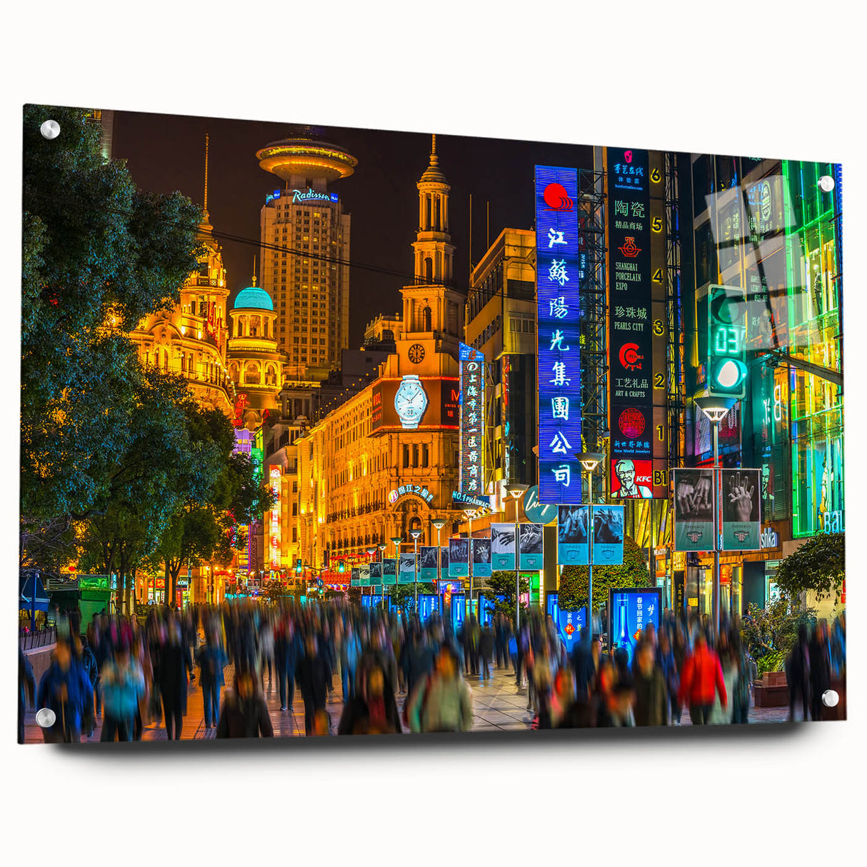 Acrylic print of Shanghai skyline in muted gray and blue tones, suitable for modern bedroom or dining room decor.