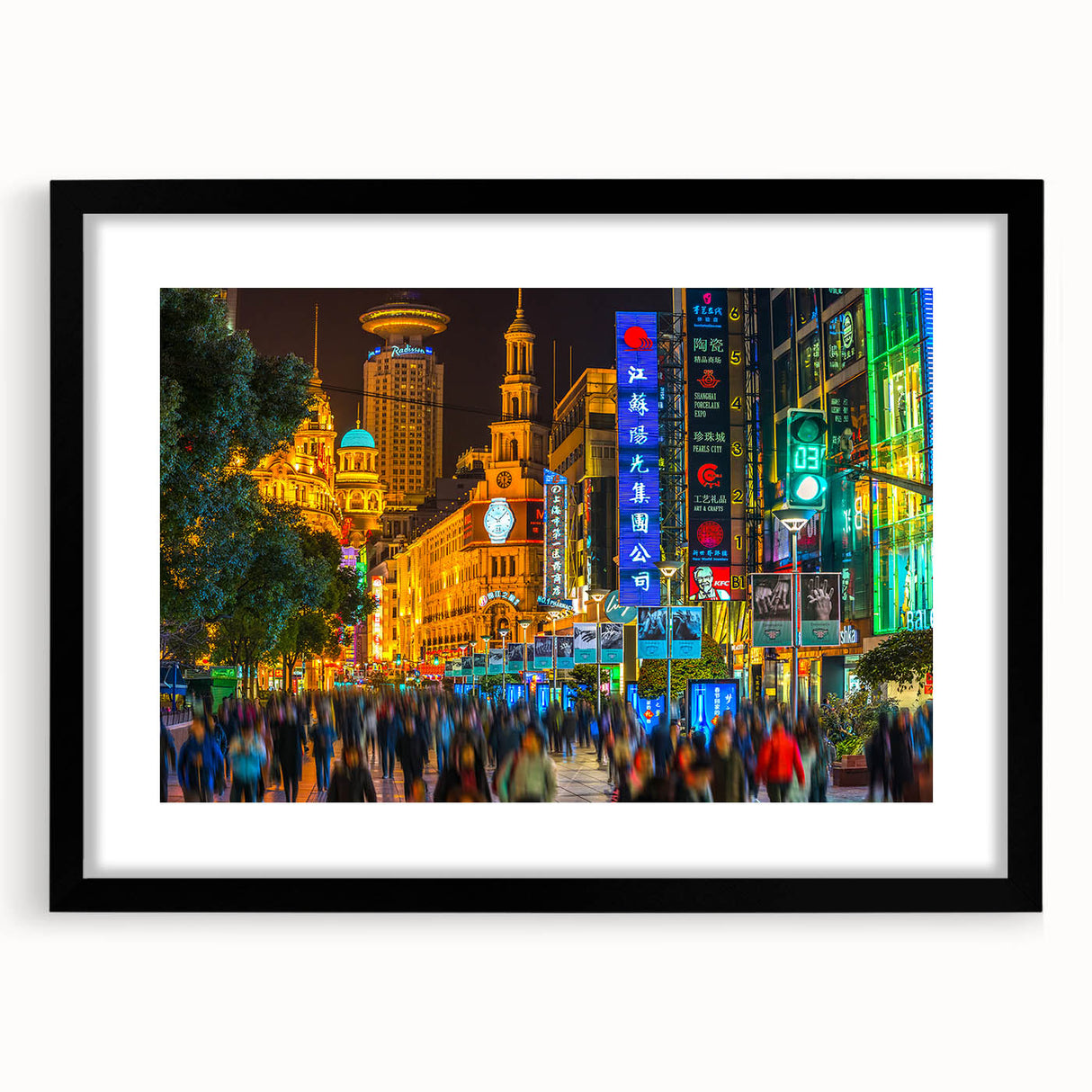 Extra large abstract art print of Shanghai skyline in vibrant, colorful hues on textured canvas, ideal for living room decor.