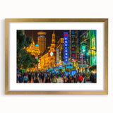 Extra large framed abstract art print of Shanghai skyline in gold, textured with muted earth tones.