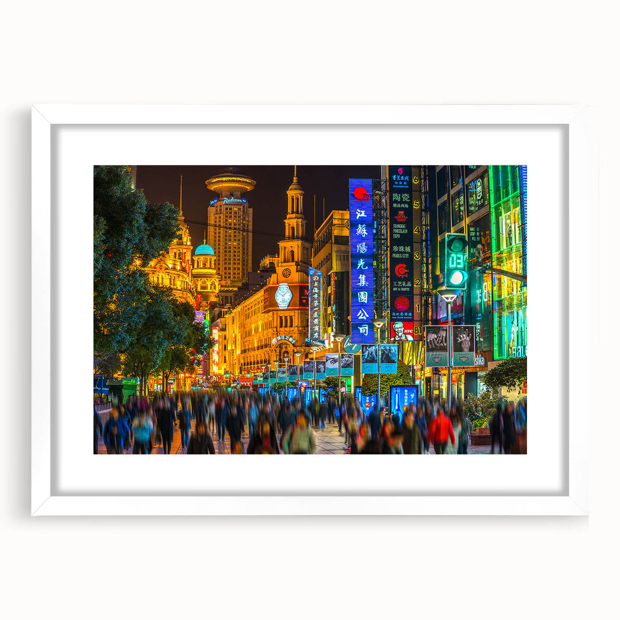 Abstract art print of Shanghai skyline in muted gray and blue tones on a framed white mat, ideal for dining room decor.