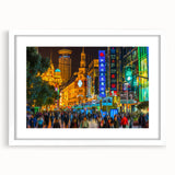 Abstract art print of Shanghai skyline in muted gray and blue tones on a framed white mat, ideal for dining room decor.