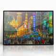 Large abstract wall art featuring Shanghai's skyline in muted gray and blue tones on a framed acrylic print.