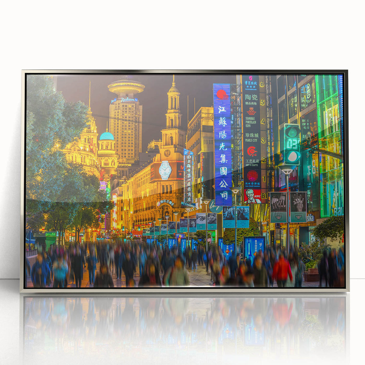 Mid-century modernist art depicting Shanghai skyline in muted silver and gray tones on framed acrylic.