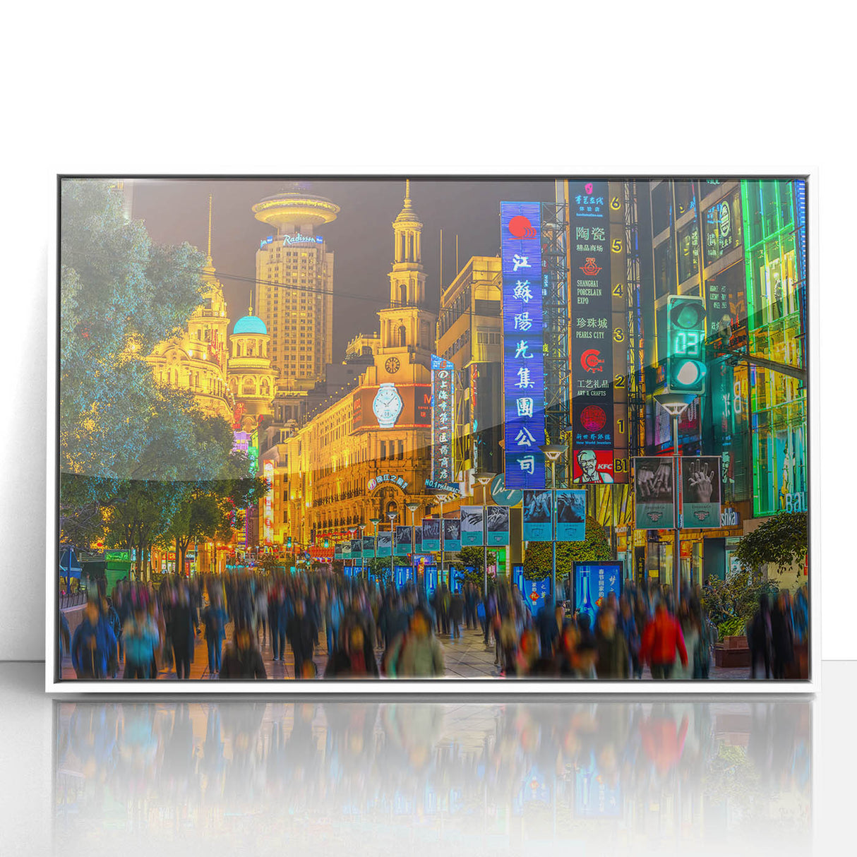 Art deco poster of Shanghai skyline in muted gray and blue tones, framed acrylic, ideal for modern art wall decor.