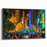 Black and white framed canvas of Shanghai skyline with vintage poster art style, ideal for bedroom wall art.