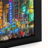 Extra large framed canvas depicting a black and colorful textured Shanghai skyline, ideal for living room decor.