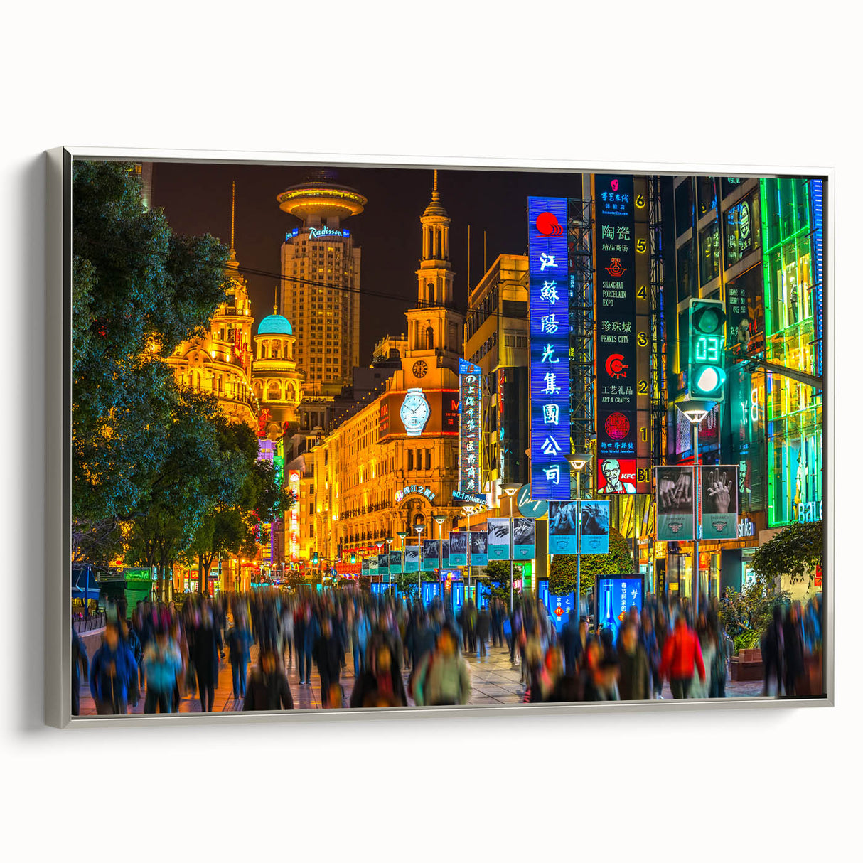 Landscape art painting of Shanghai skyline in colorful hues on a framed canvas, ideal for office decor.