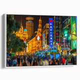 Vintage poster art of Shanghai skyline in vibrant colors on a large framed canvas, ideal for living room decor.