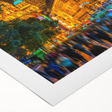 Art Deco poster of Shanghai skyline in muted blue tones on rolled canvas, suitable for dining room wall art.