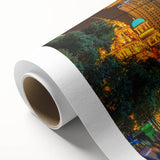 Art deco poster of Shanghai skyline in muted gold and black on rolled canvas, suitable for dining room wall art.