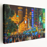 Large canvas print of Shanghai skyline in muted blue and gray shades, suitable for kitchen wall art.
