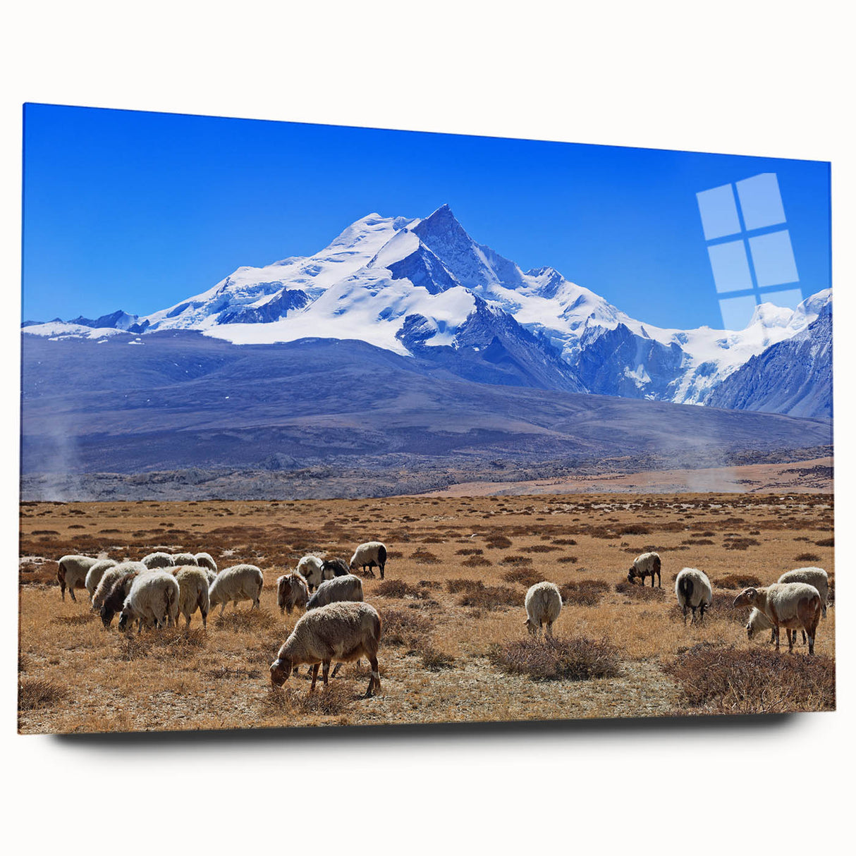 Large abstract wall art depicting a Tibetan landscape in muted earth tones on acrylic glass.