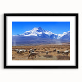 Extra large abstract art print depicting colorful, textured scenery of Tibet in a black frame, ideal for living room decor.