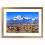Extra large abstract art print of Tibetan scenery in gold frame, featuring textured details and earthy tones.