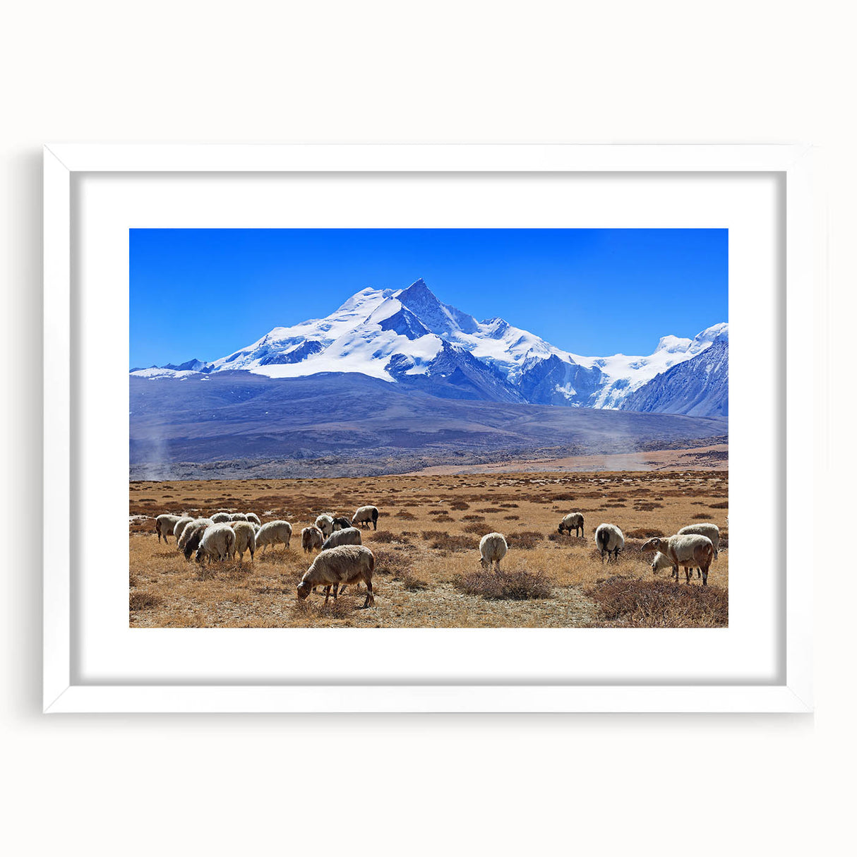 Abstract art print depicting a serene Tibetan landscape in muted earth tones on a framed white mat.