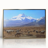 Large art print of Tibet scenery in gold acrylic frame, featuring mid-century modernist style.