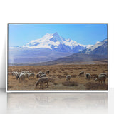 Framed acrylic print of a Tibetan landscape in muted earth tones, suitable for modern art wall decor or a nursery.