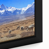 Extra large framed canvas featuring a textured depiction of a Tibetan landscape in black with colorful art accents.
