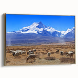 Framed canvas wall art depicting a vintage-style Tibetan landscape in black and gold tones, ideal for bedroom decor.