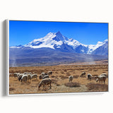 Vintage poster art featuring a colorful Tibetan landscape on extra large framed canvas, ideal for living room decor.