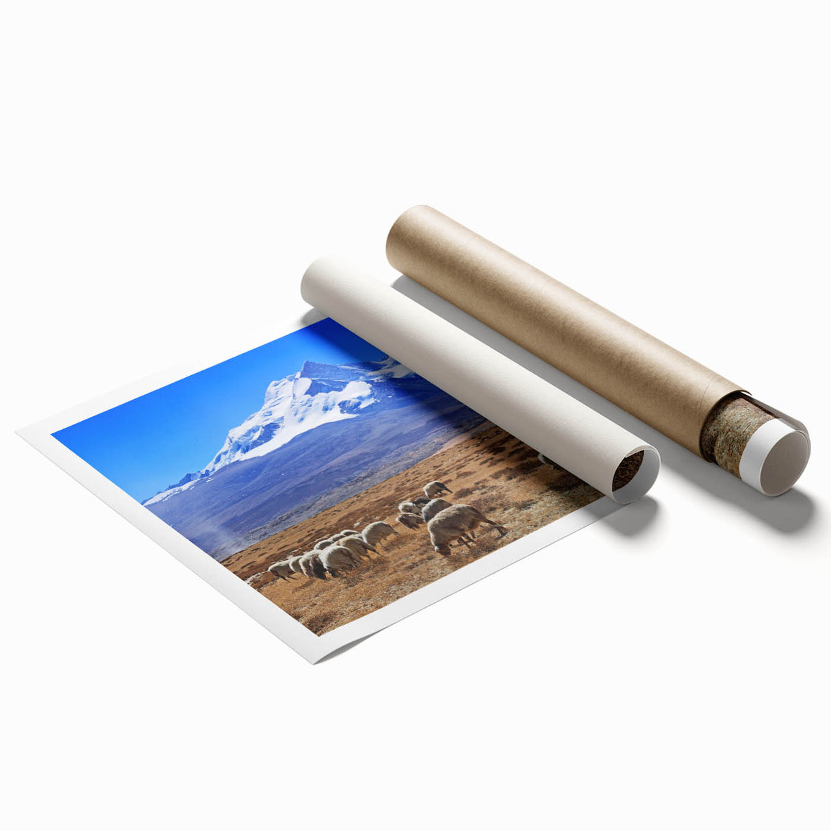 Extra large rolled print of a Tibetan landscape in soft pastel shades, suitable as classy bathroom wall art.