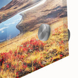 Large abstract wall art on acrylic glass depicting geometric shapes in earth tones, ideal for dining room ambiance.