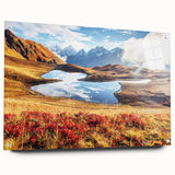 Large abstract wall art on acrylic glass depicting a serene Asian landscape in muted greens and blues.