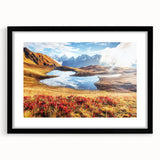 Extra large abstract art print with vibrant color palette on textured canvas, framed in black, ideal for living room decor.