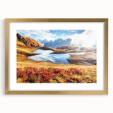 Extra large abstract art print featuring textured scenery in muted earth tones, framed in gold, ideal for living room decor.